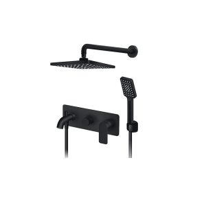 S2 black podžbukna miješalica sa izljevom, zidnim i ručnim tušem (inox ruža 200x300 mm) crna